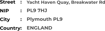 Yacht Haven Quay, Breakwater Rd PL9 7HJ Plymouth PL9 ENGLAND Street        NIP             City                    Country     :  :  :  :