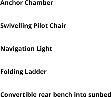 Anchor Chamber  Railing Cup Holder Swivelling Pilot Chair Co-pilot Chair Navigation Light Manual & Electric Bilge Pump Folding Ladder Set Platforms L+R and ladder Convertible rear bench into sunbed