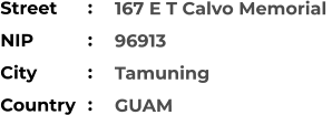 167 E T Calvo Memorial  96913 Tamuning GUAM Street        NIP             City                Country     :  :  :  :